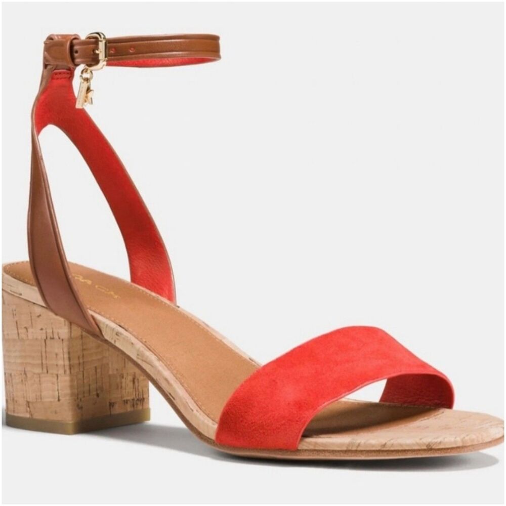 Coach Thompson red suede sandals adjustable ankle straps 2.5" cork heel size 8